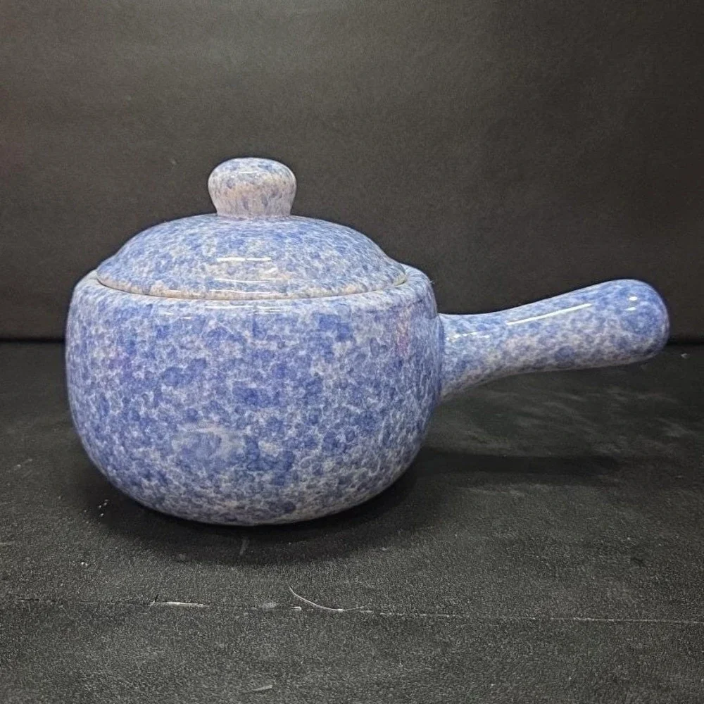 Stoneware Individual‎ Serving Soup Tureen, Blue Speckled Spongeware Crock Pot